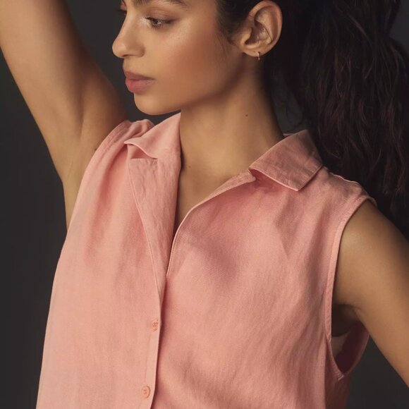 CLOTH & STONE linen blend notch collar sleeveless shirt (S) - Picture 4 of 9